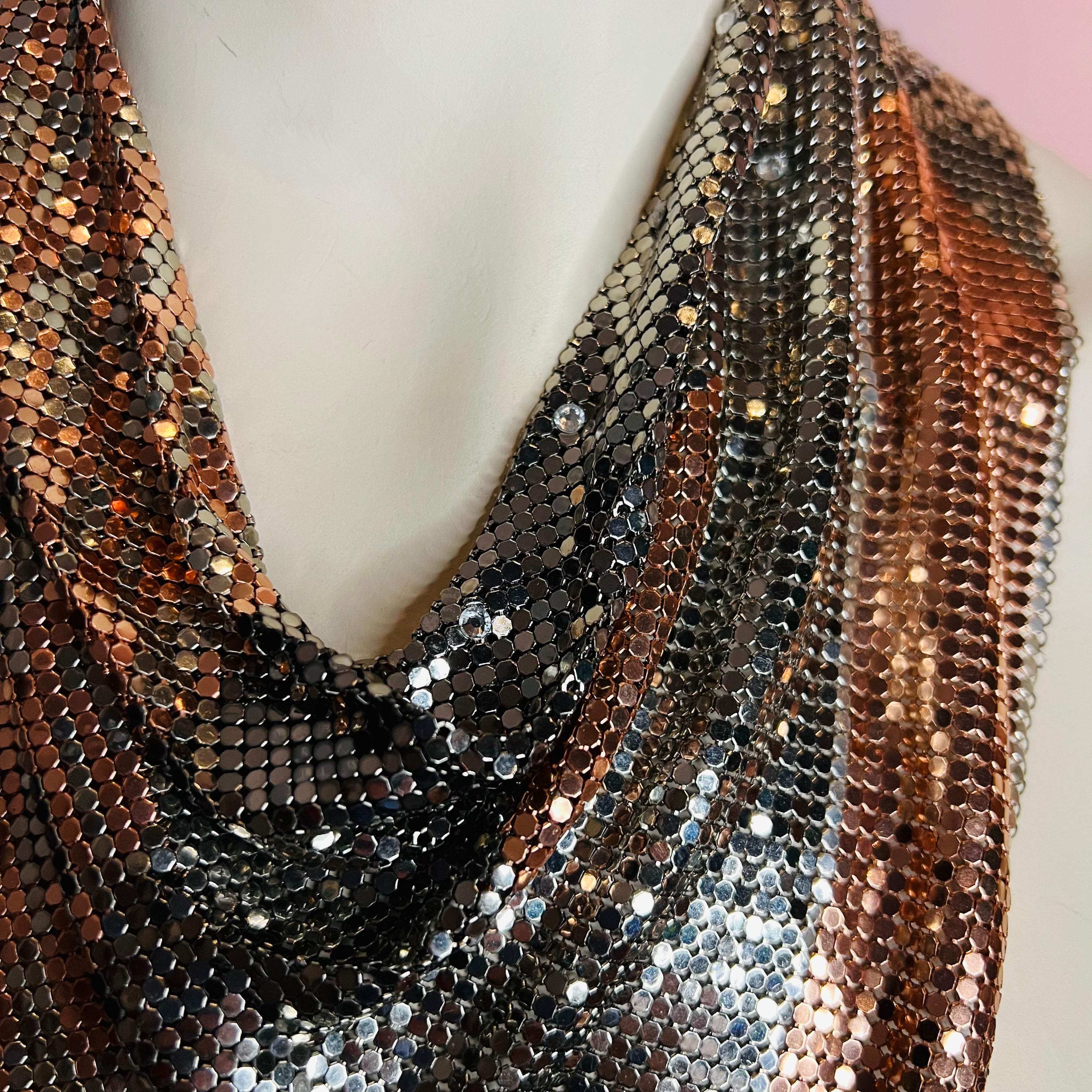 Ferrara Cowl Necklace in Copper and Gunmetal Mesh w Swarovski Crystals — vintage Ferrara jewellery in silver, brown