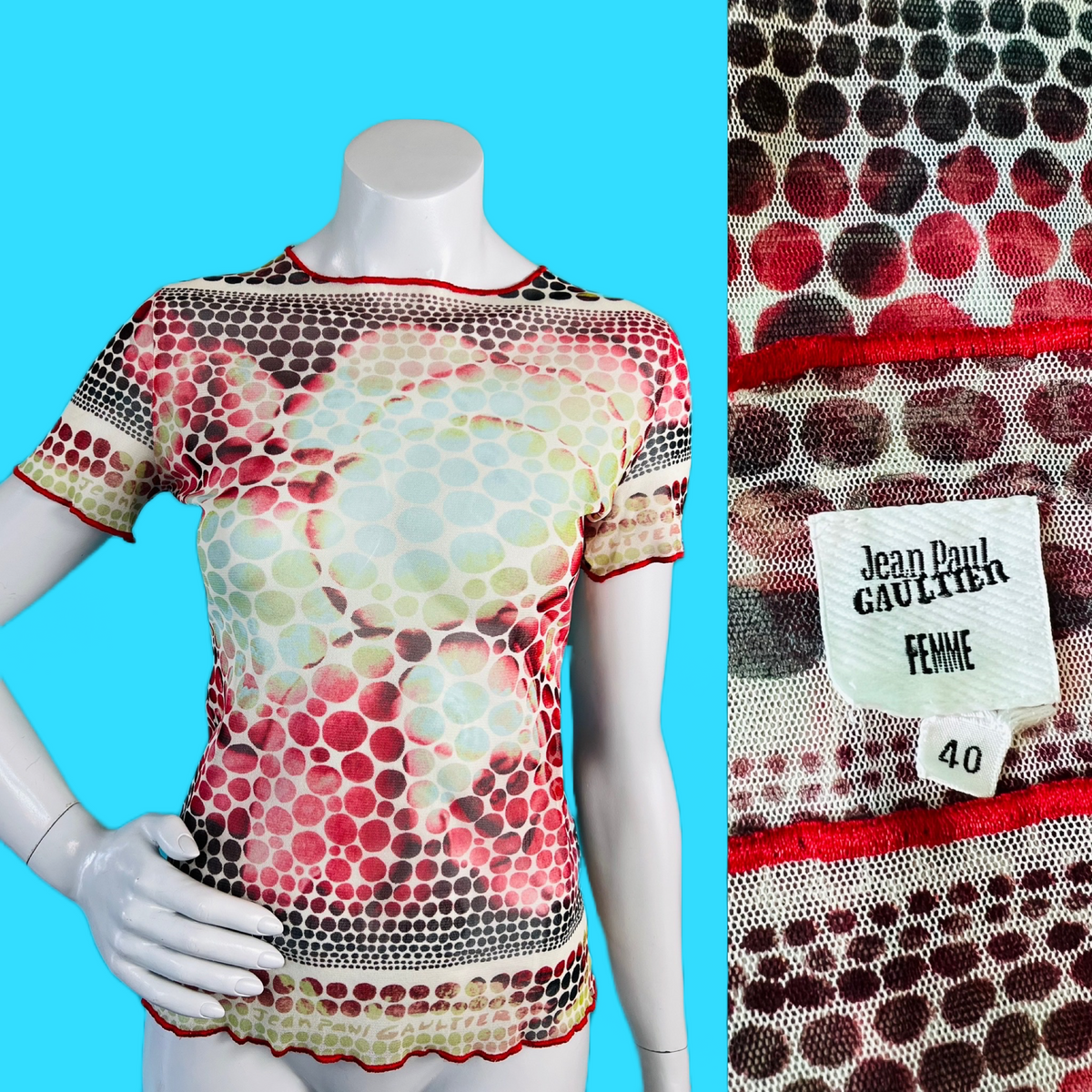 Jean Paul Gaultier FEMME Psychedelic Mesh Top — vintage 1960s Jean Paul Gaultier top in multicolour