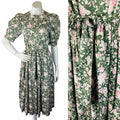 Laura Ashley Sage Green Rose Print Puff Sleeve Floral Dress — vintage Laura Ashley dress in pink, green