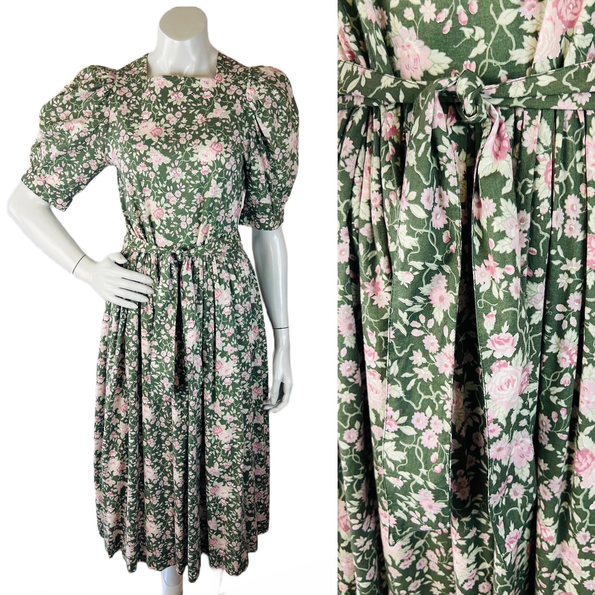 Laura Ashley Sage Green Rose Print Puff Sleeve Floral Dress — vintage Laura Ashley dress in pink, green