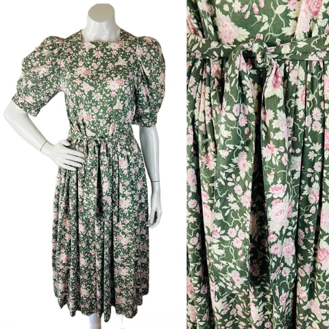 Laura Ashley Sage Green Rose Print Puff Sleeve Floral Dress