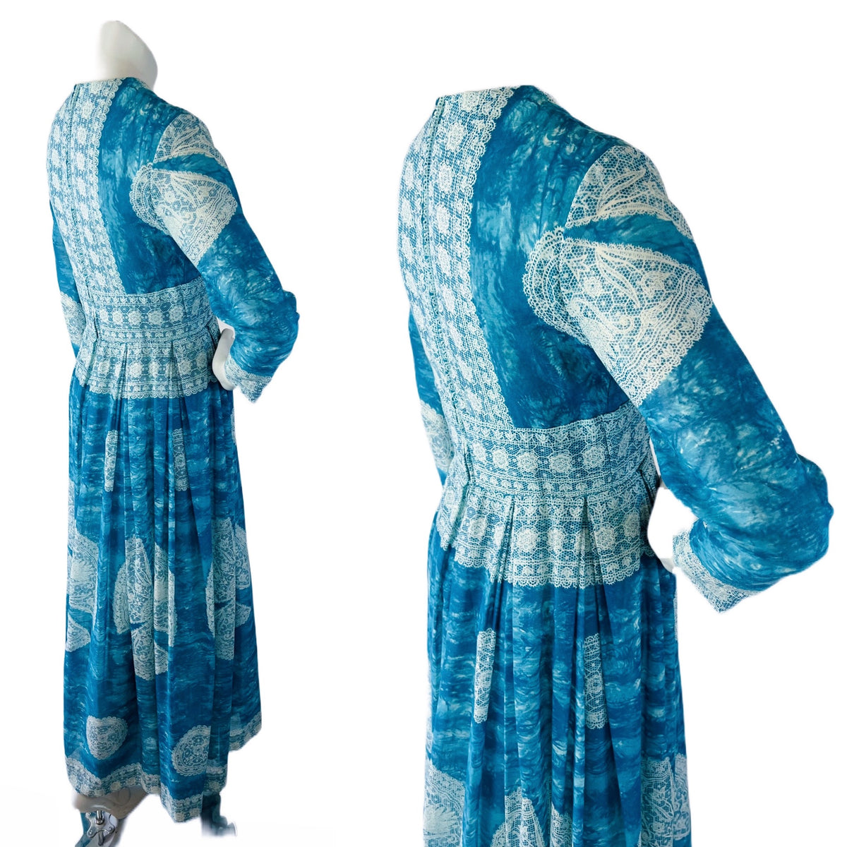 Blue & White Lace Print 60s/70s Maxi Dress — vintage 1960s Avalon Classics, Inc dress in white, blue