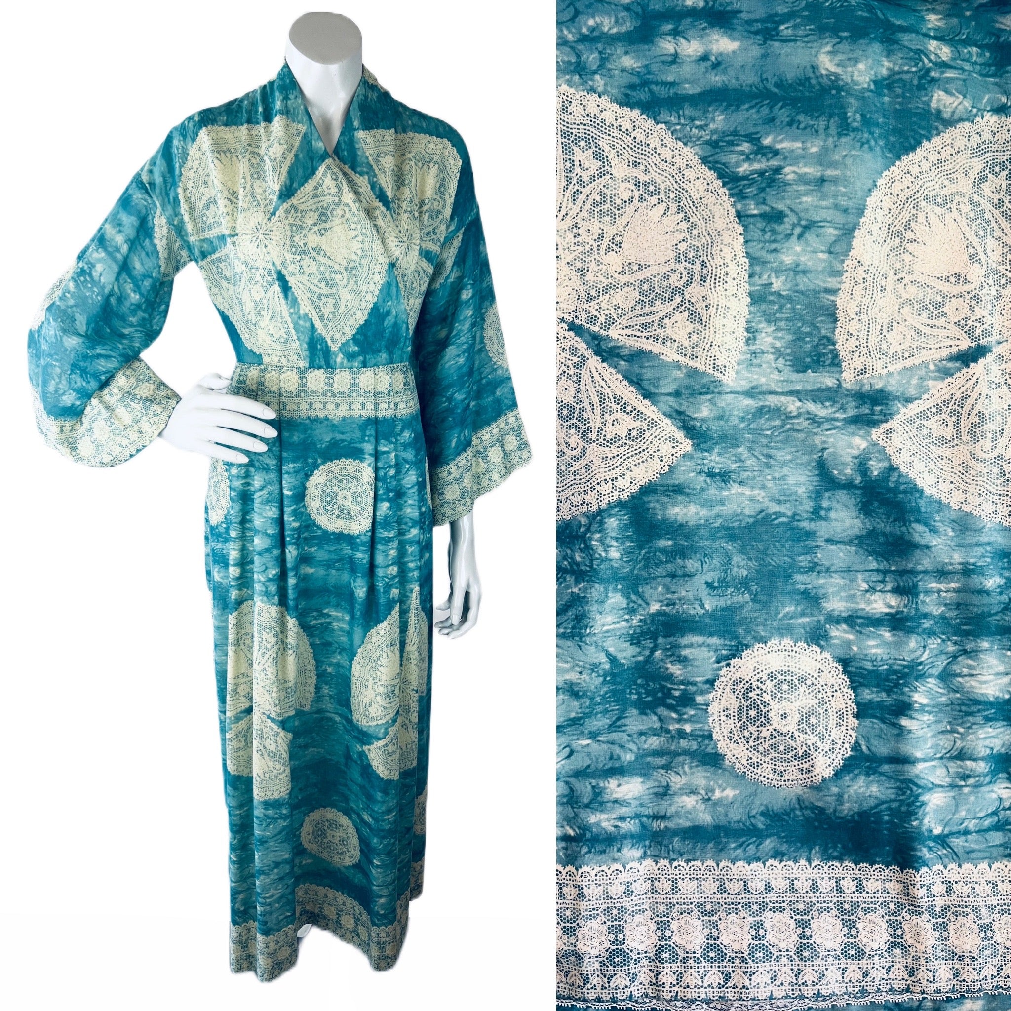 Saks Fifth Avenue Lace Print Bell Sleeve 60s/70s Maxi Dress — vintage 1960s Saks Fifth Avenue dress