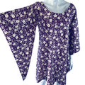 Purple & White Floral 60s/70s Angel Sleeve Dress — vintage 1960s dress in white, purple