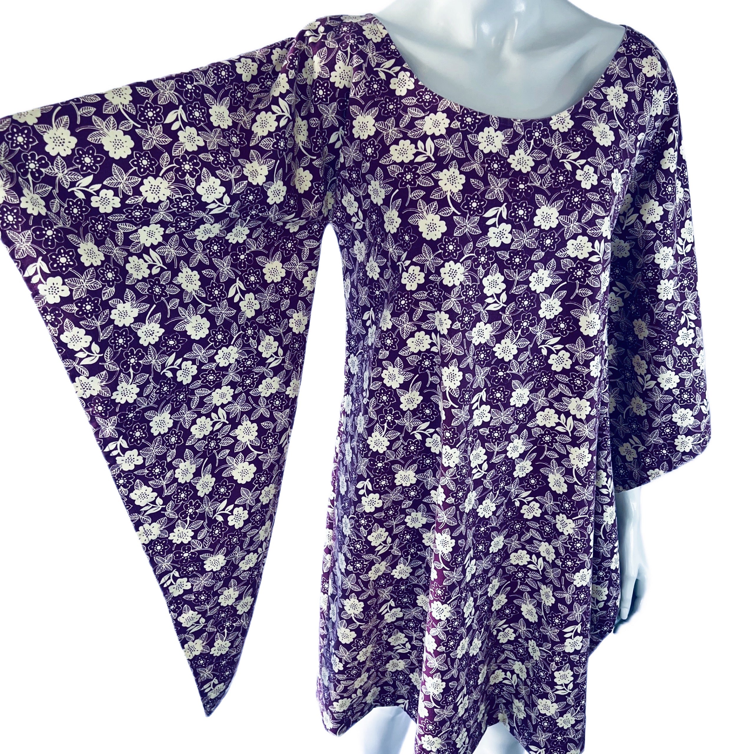 Purple & White Floral 60s/70s Angel Sleeve Dress — vintage 1960s dress in white, purple