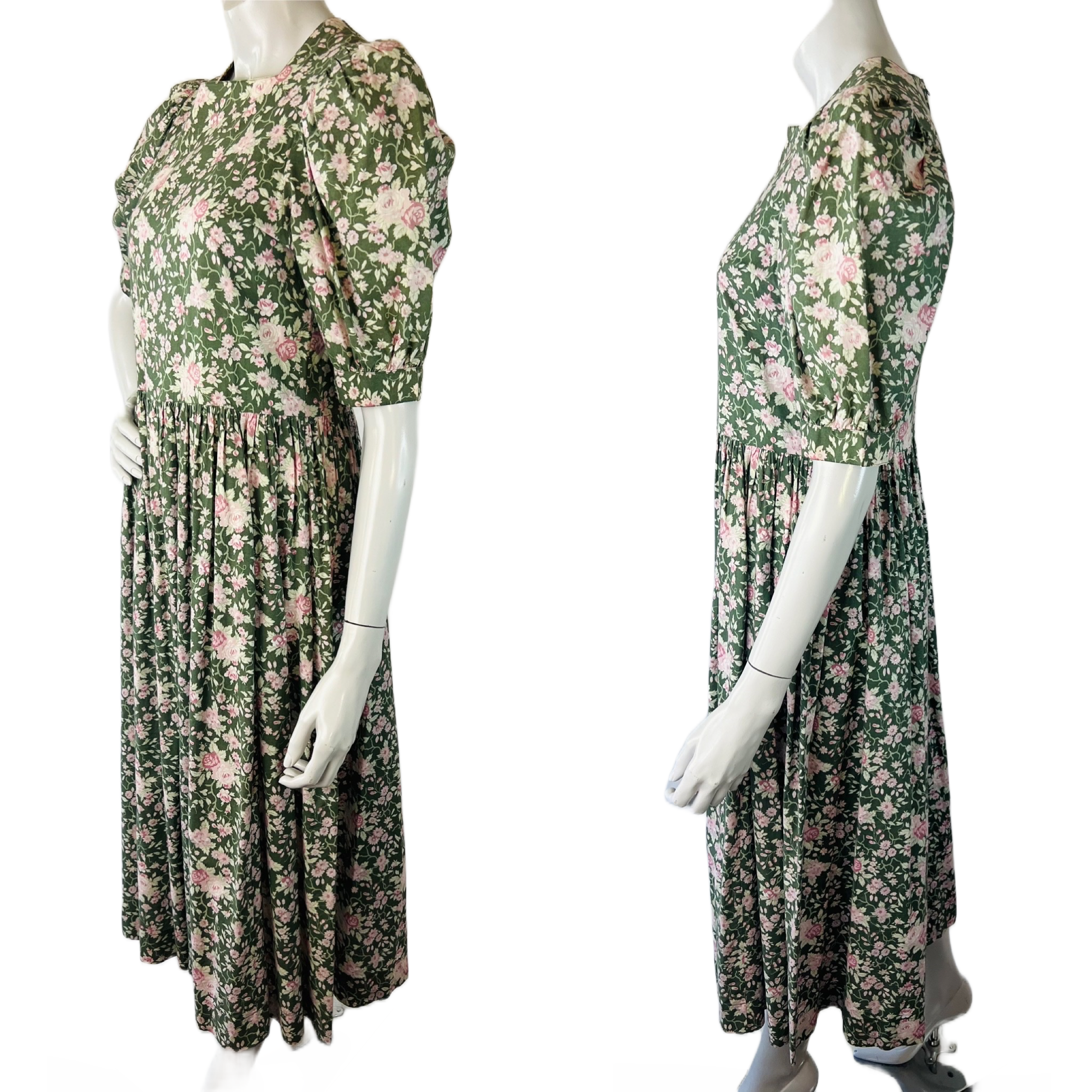 Laura Ashley Sage Green Rose Print Puff Sleeve Floral Dress — vintage Laura Ashley dress in pink, green
