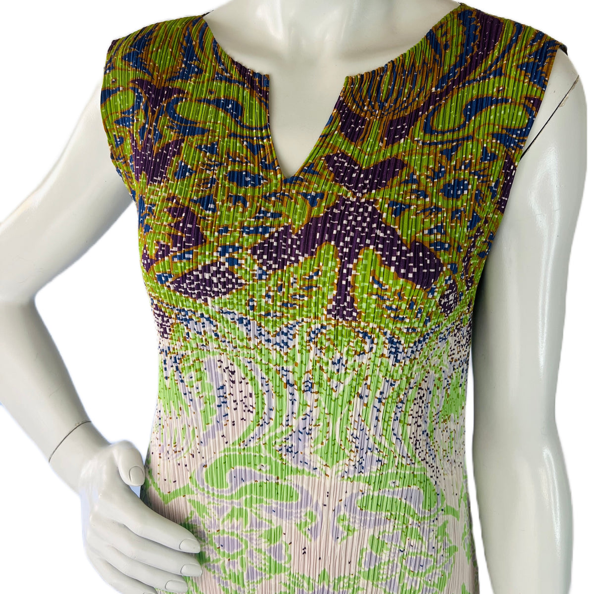 Issey Miyake Art Nouveau Print Pleated Dress — vintage Issey Miyake dress in green, purple