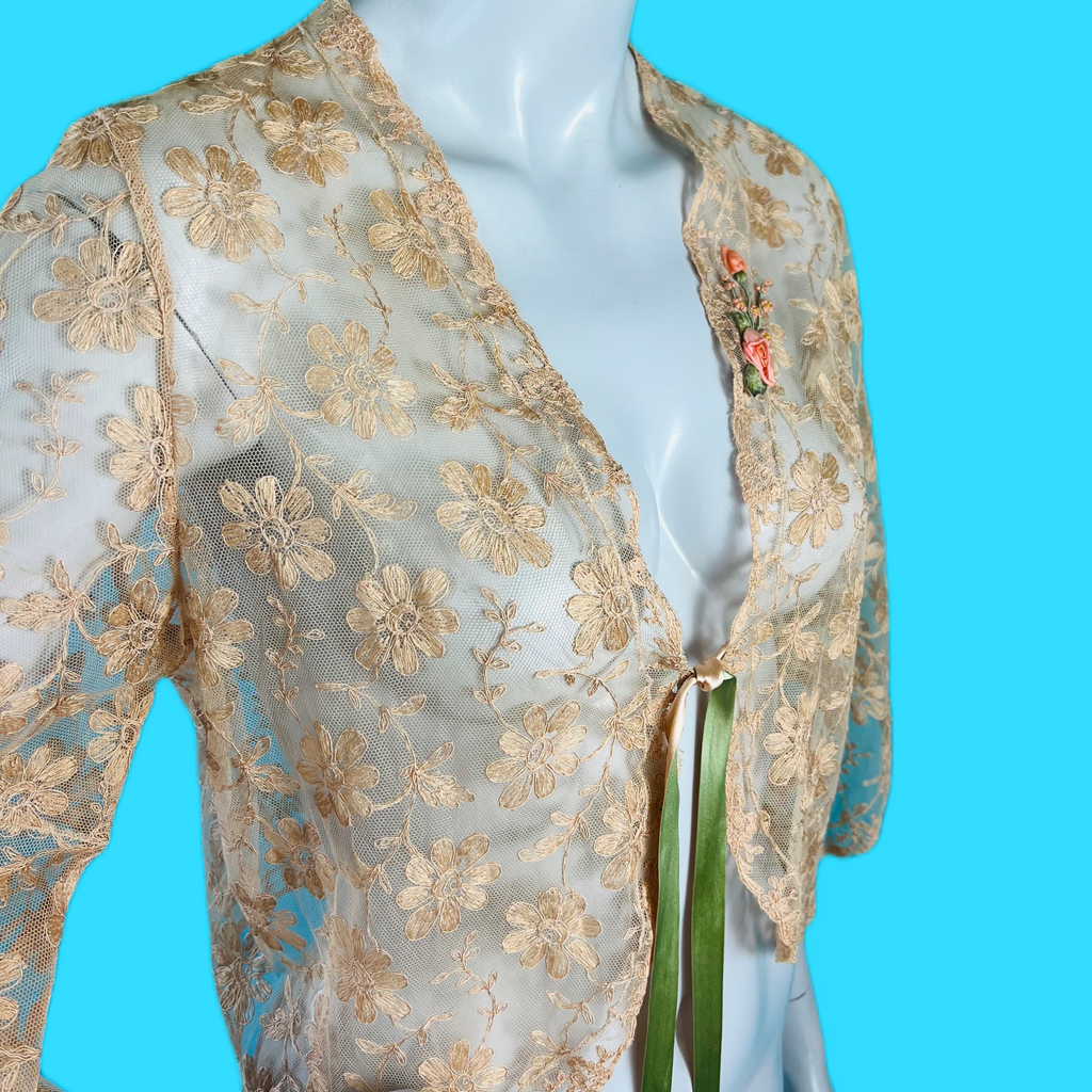 1930s Tea Dyed Floral Lace Sheer Jacket — vintage 1930s jacket in pink, green