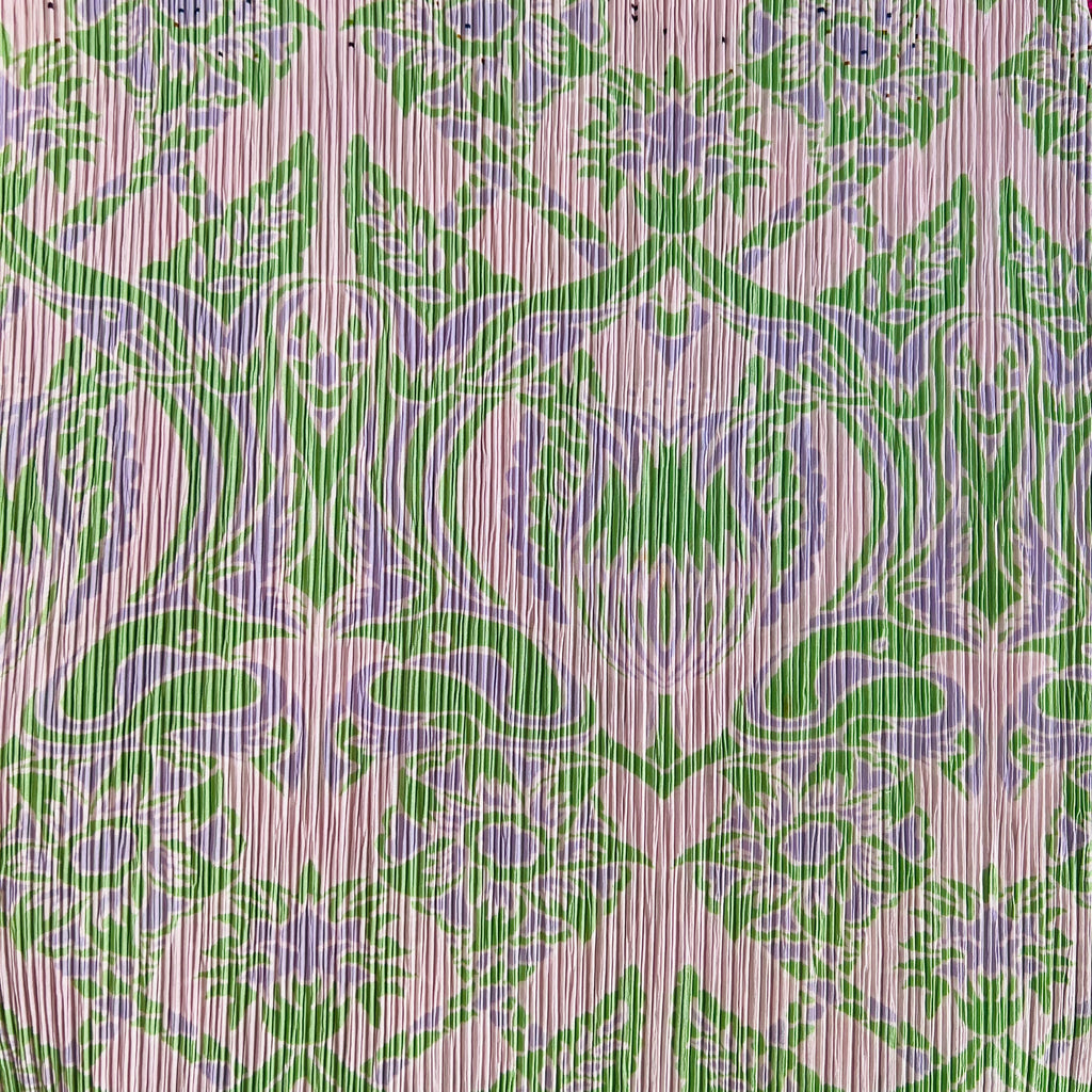 Issey Miyake Art Nouveau Print Pleated Dress — vintage Issey Miyake dress in green, purple