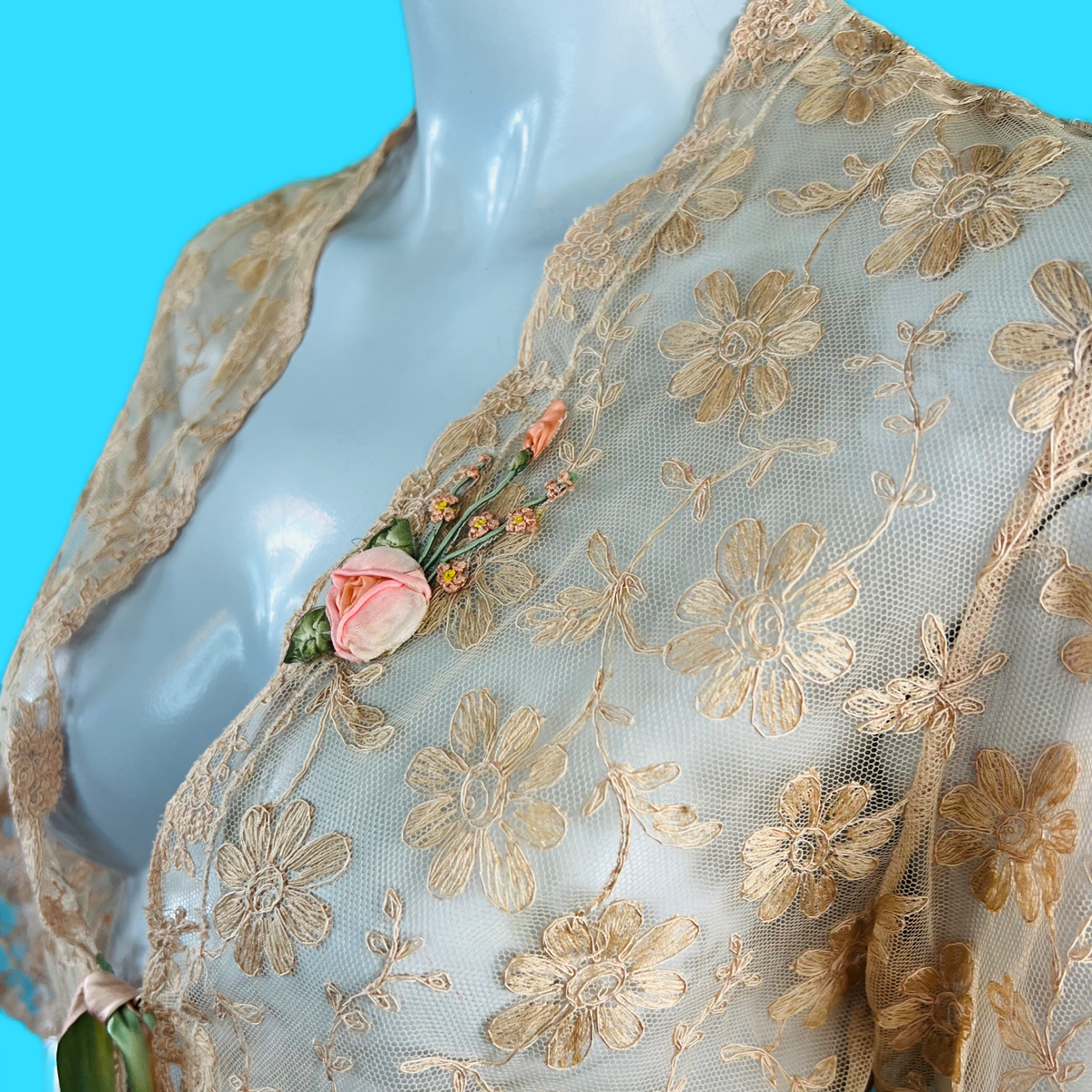 1930s Tea Dyed Floral Lace Sheer Jacket — vintage 1930s jacket in pink, green