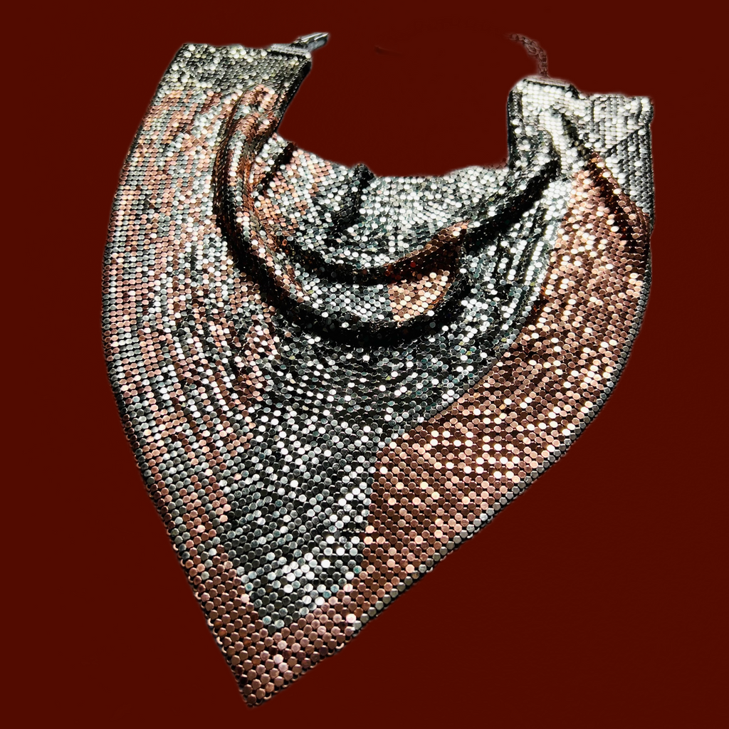 Ferrara Cowl Necklace in Copper and Gunmetal Mesh w Swarovski Crystals — vintage Ferrara jewellery in silver, brown