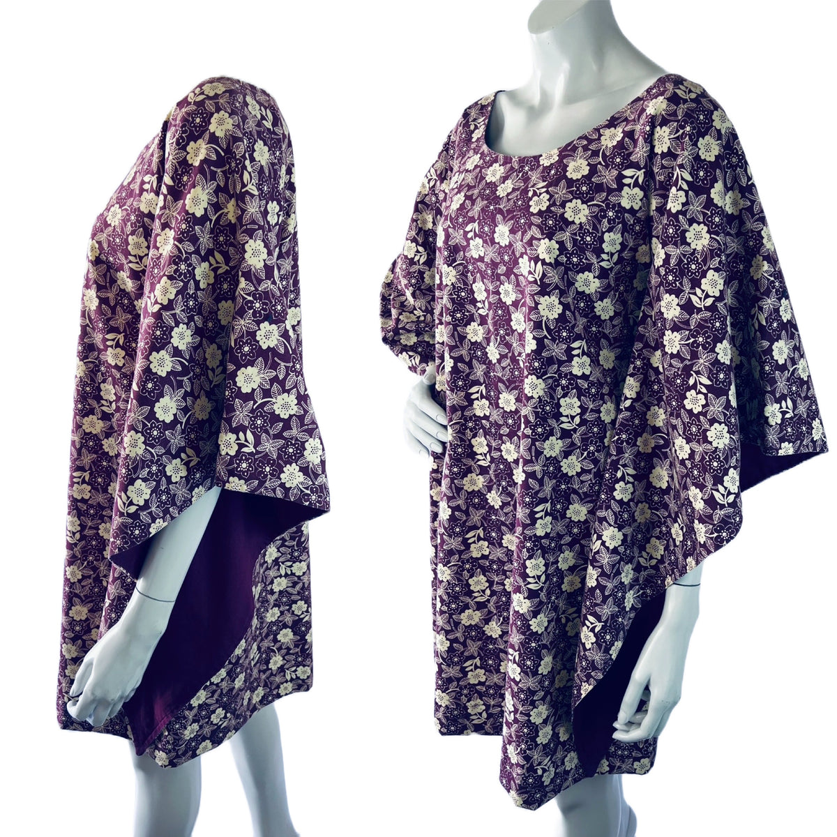 Purple & White Floral 60s/70s Angel Sleeve Dress — vintage 1960s dress in white, purple