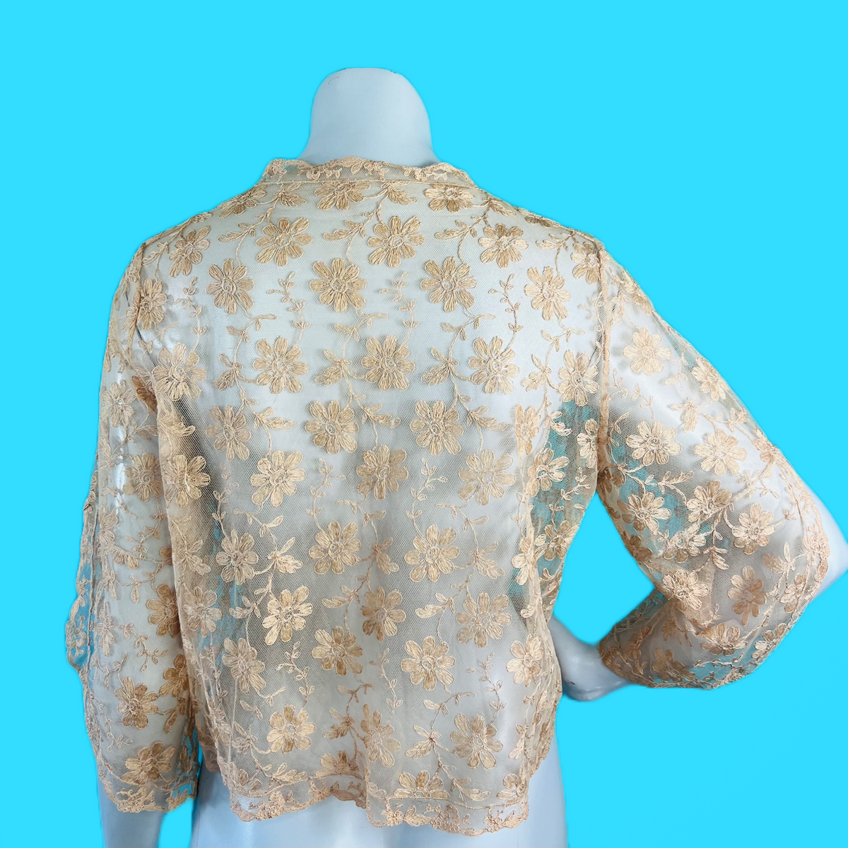 1930s Tea Dyed Floral Lace Sheer Jacket — vintage 1930s jacket in pink, green