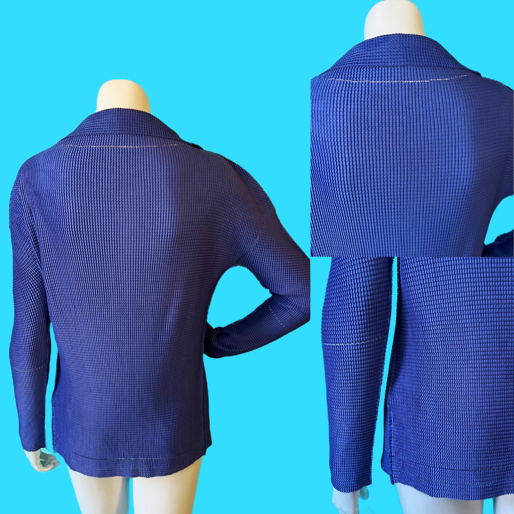 Issey Miyake Sculptural Indigo Blue Mini Duster Mesh Pleated Jacket — vintage Issey Miyake jacket in blue