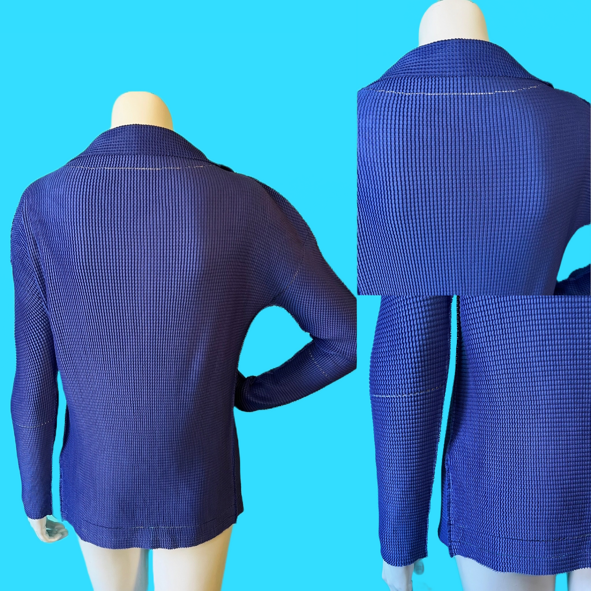 Issey Miyake Sculptural Indigo Blue Mini Duster Mesh Pleated Jacket — vintage Issey Miyake jacket in blue