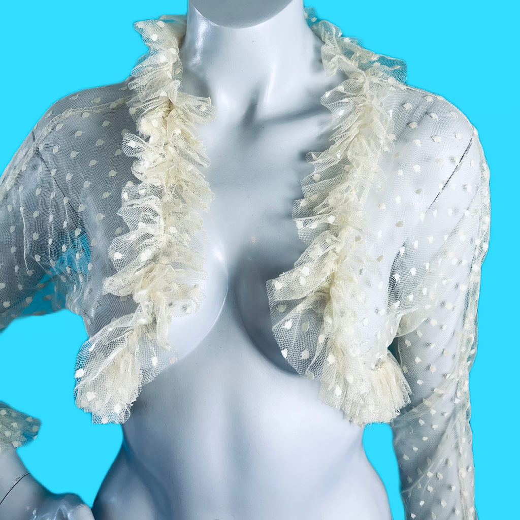 1930s white ruffle mesh lace swiss dot cropped jacket perfect for a spring summer bride.