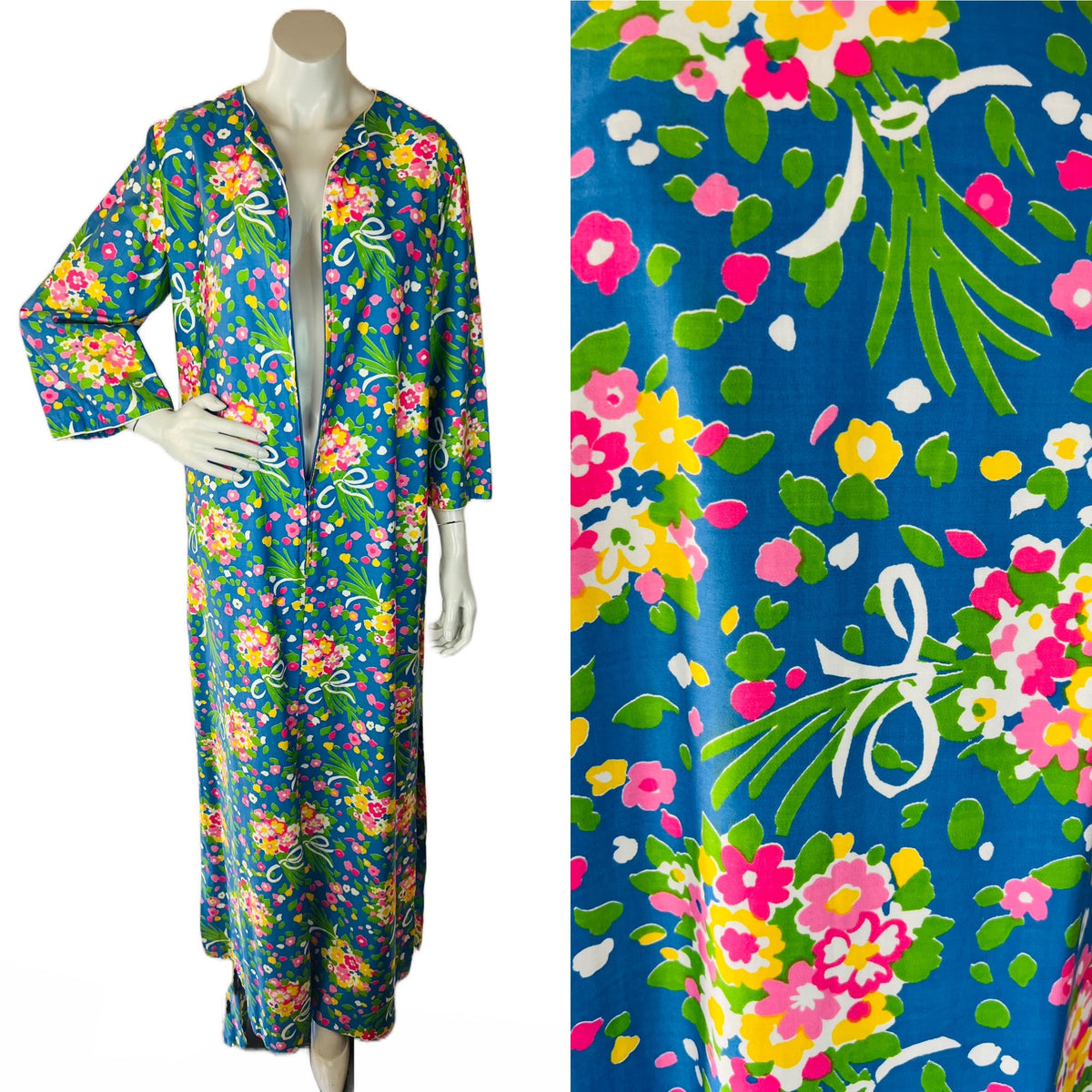 60s/70s Polished Cotton Flower Bouquet Print Zip Up Caftan — vintage 1960s Gerry caftan in white, blue