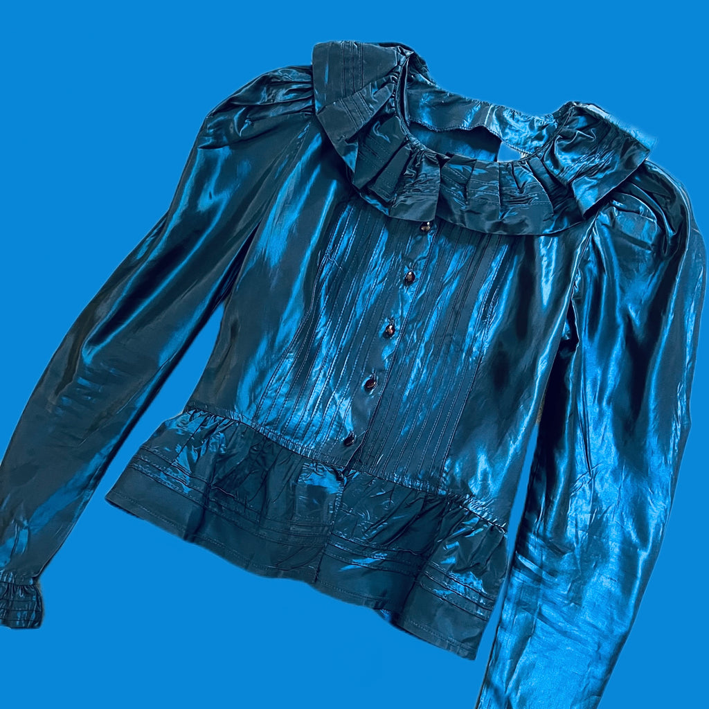 Metallic Midnight Blue Laura Ashley Blouse — vintage 1980s Laura Ashley top in blue
