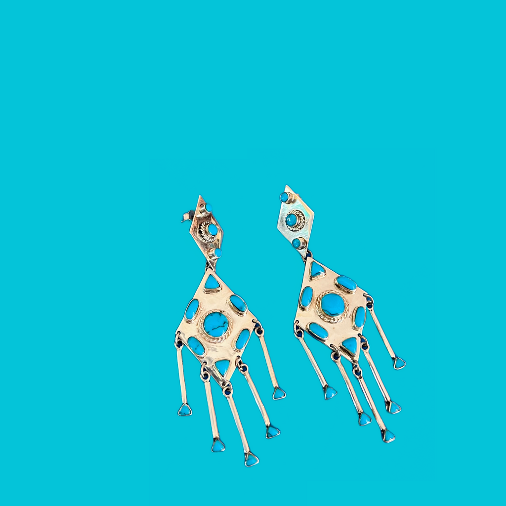 Sterling Silver Turquoise Fringe Earrings — vintage Stamped Mexico 925 jewellery in silver, blue