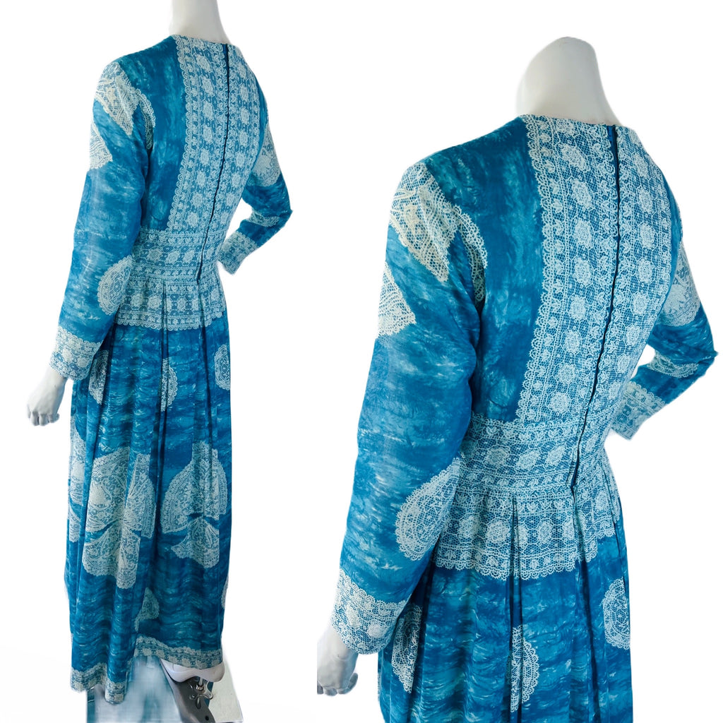Blue & White Lace Print 60s/70s Maxi Dress — vintage 1960s Avalon Classics, Inc dress in white, blue