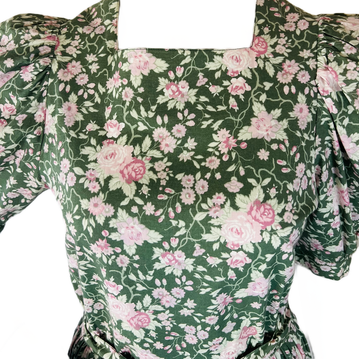 Laura Ashley Sage Green Rose Print Puff Sleeve Floral Dress — vintage Laura Ashley dress in pink, green