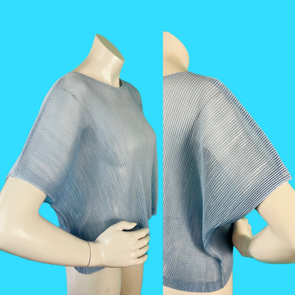Issey Miyake Sky Blue Pleats Please Cropped Mesh Top — vintage Issey Miyake top in blue