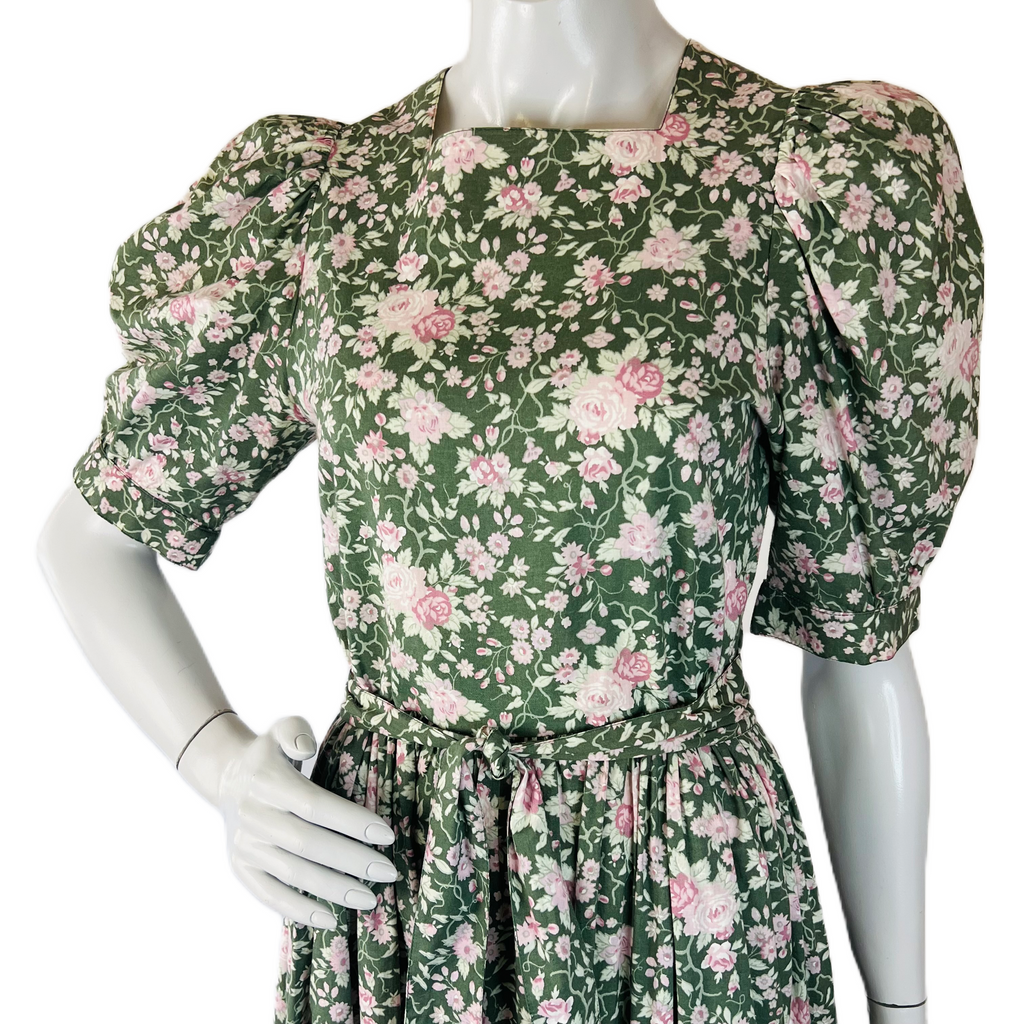 Laura Ashley Sage Green Rose Print Puff Sleeve Floral Dress — vintage Laura Ashley dress in pink, green