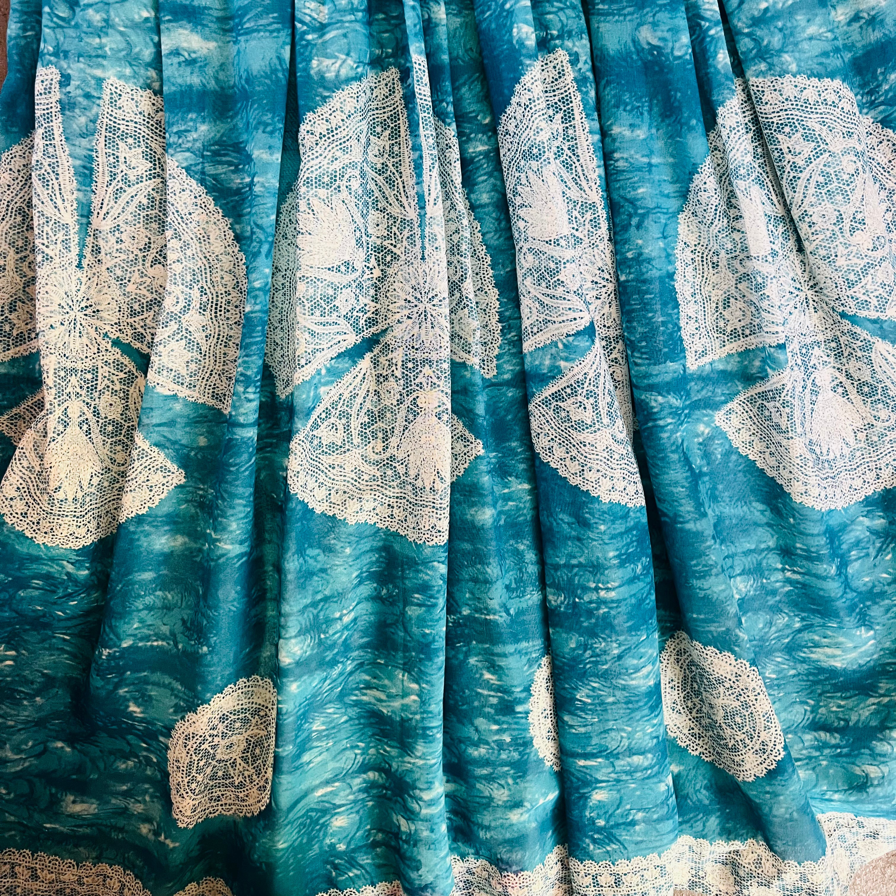 Blue & White Lace Print 60s/70s Maxi Dress — vintage 1960s Avalon Classics, Inc dress in white, blue