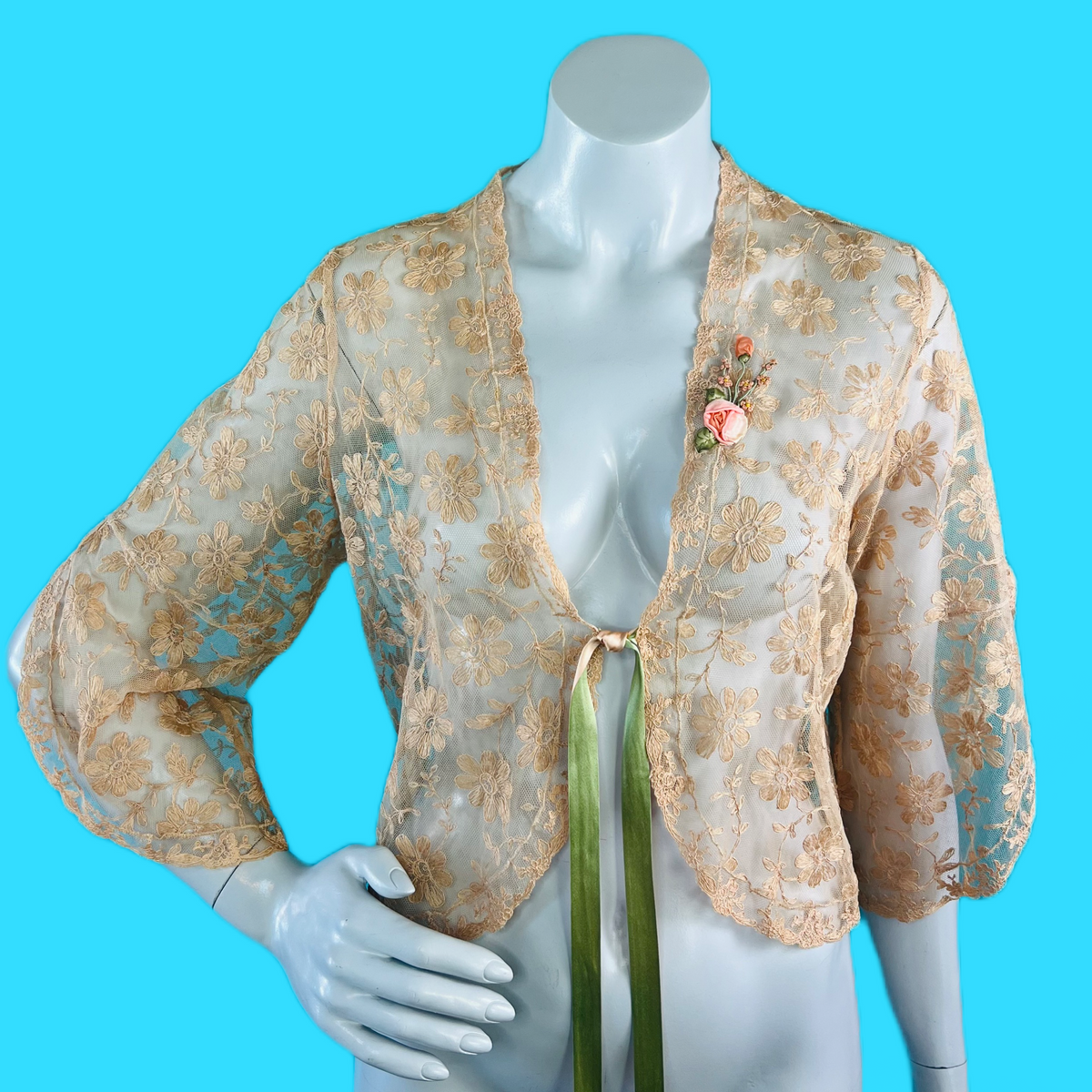 1930s Tea Dyed Floral Lace Sheer Jacket — vintage 1930s jacket in pink, green
