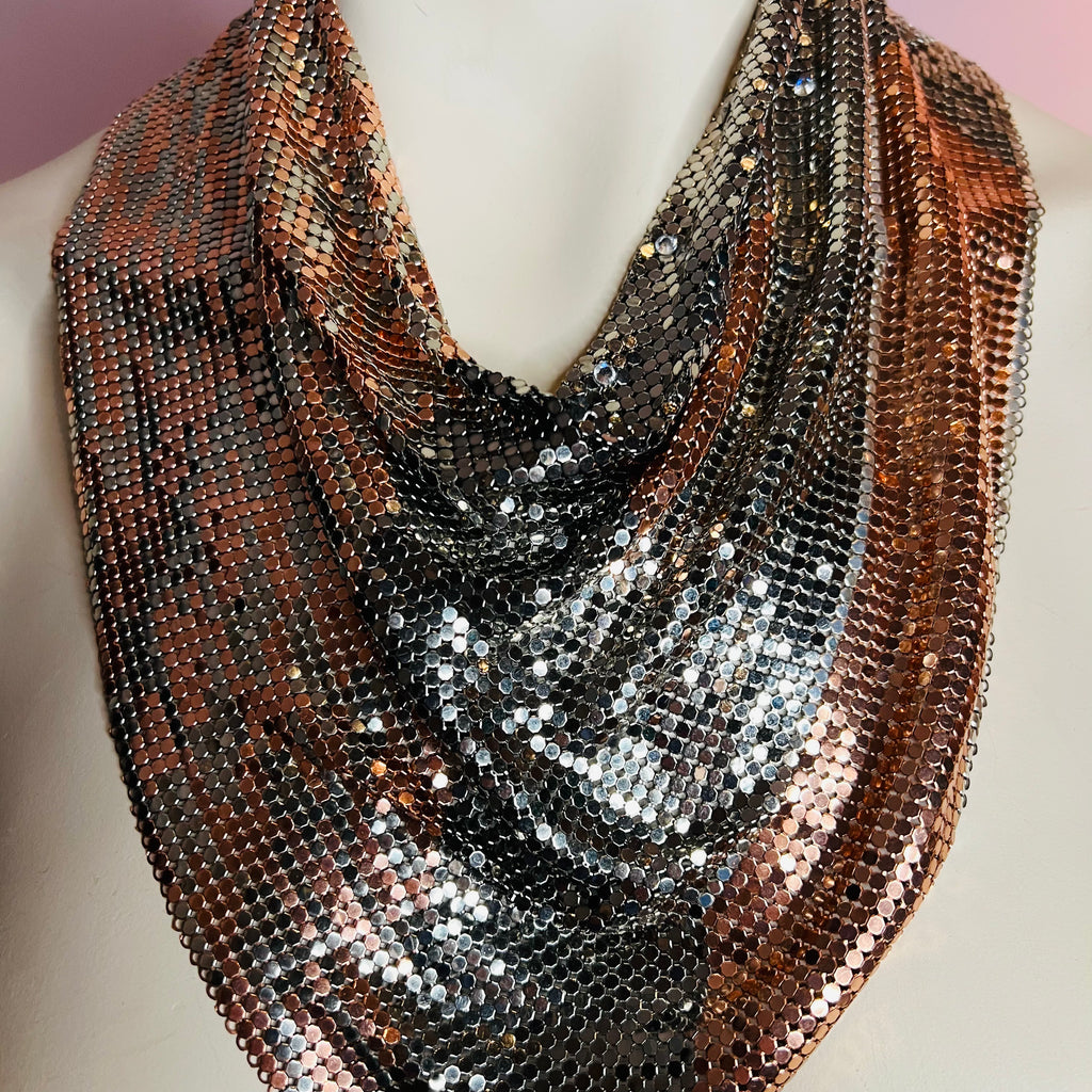 Ferrara Cowl Necklace in Copper and Gunmetal Mesh w Swarovski Crystals — vintage Ferrara jewellery in silver, brown