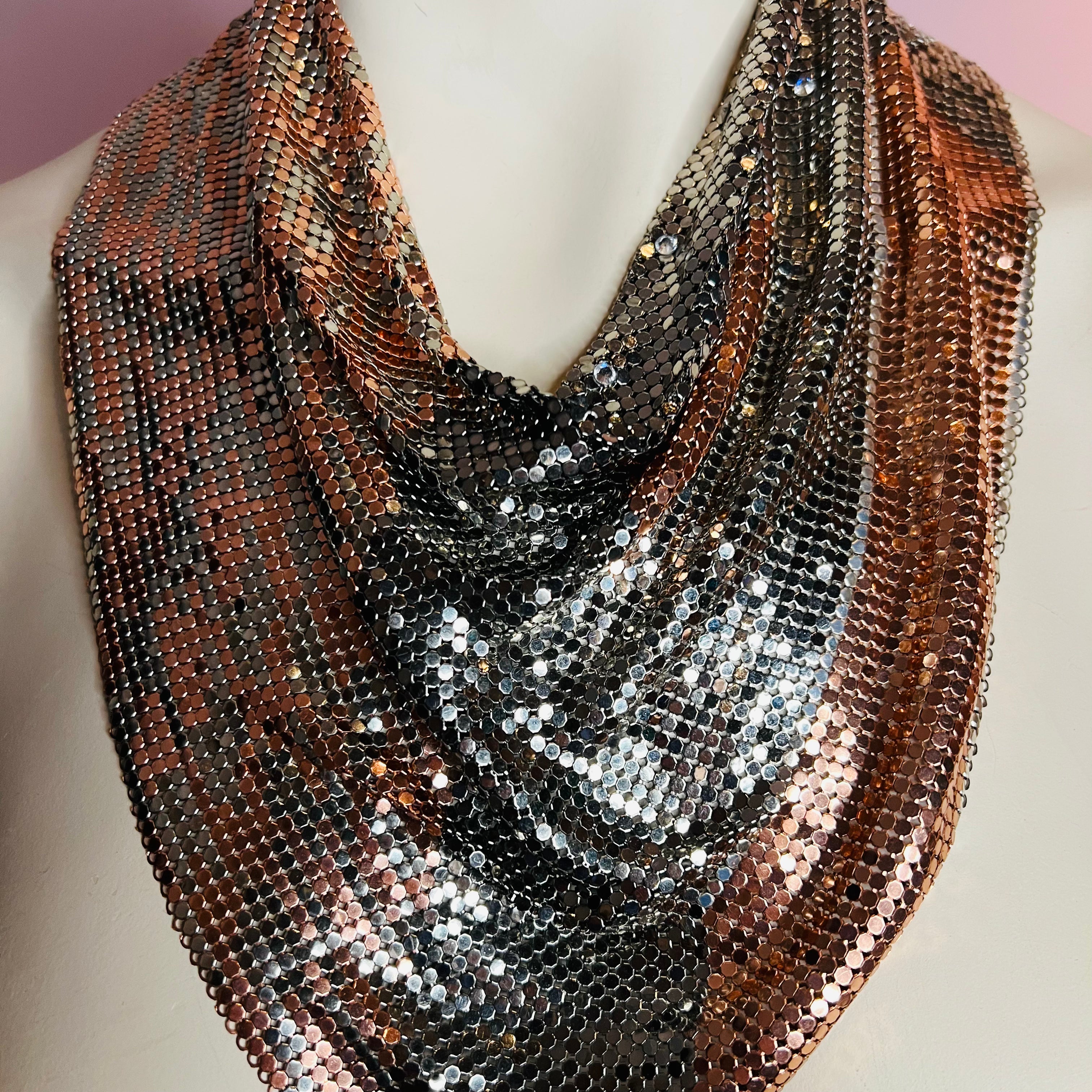 Ferrara Cowl Necklace in Copper and Gunmetal Mesh w Swarovski Crystals — vintage Ferrara jewellery in silver, brown