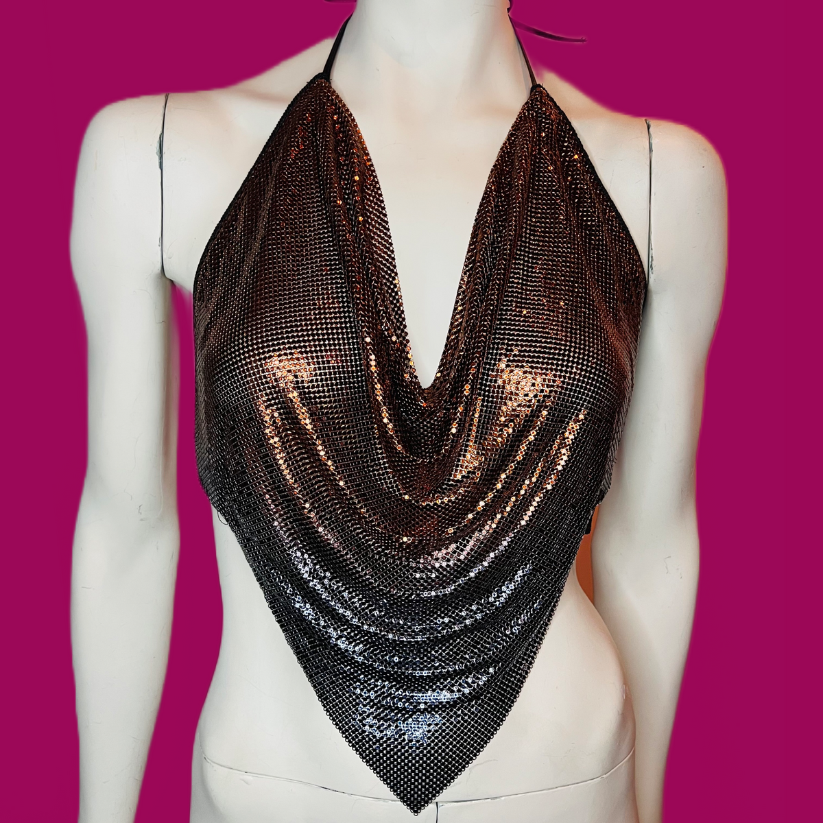 Ferrara Ombré Copper Gunmetal Mesh Halter Top — vintage Ferrara top in silver, brown
