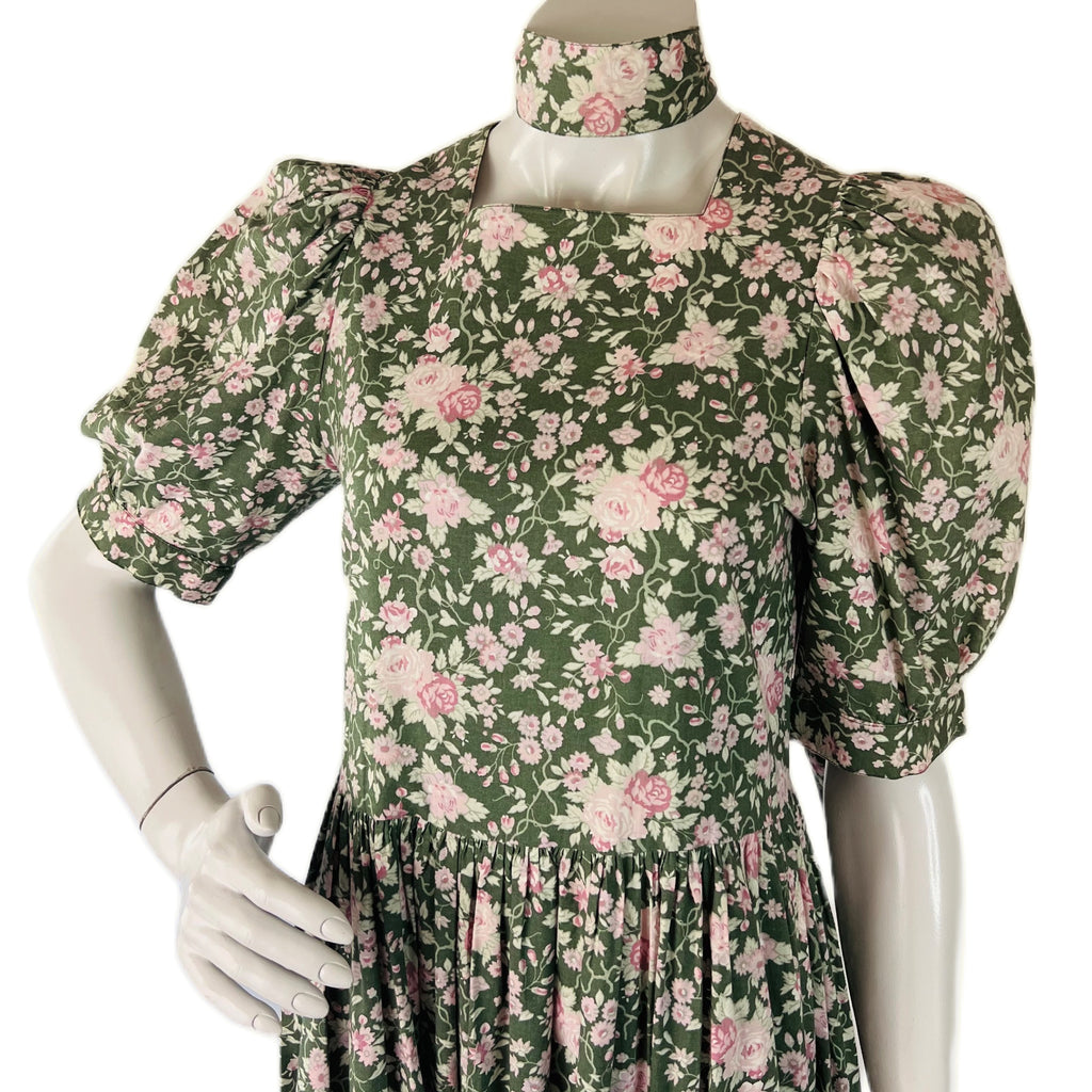 Laura Ashley Sage Green Rose Print Puff Sleeve Floral Dress — vintage Laura Ashley dress in pink, green