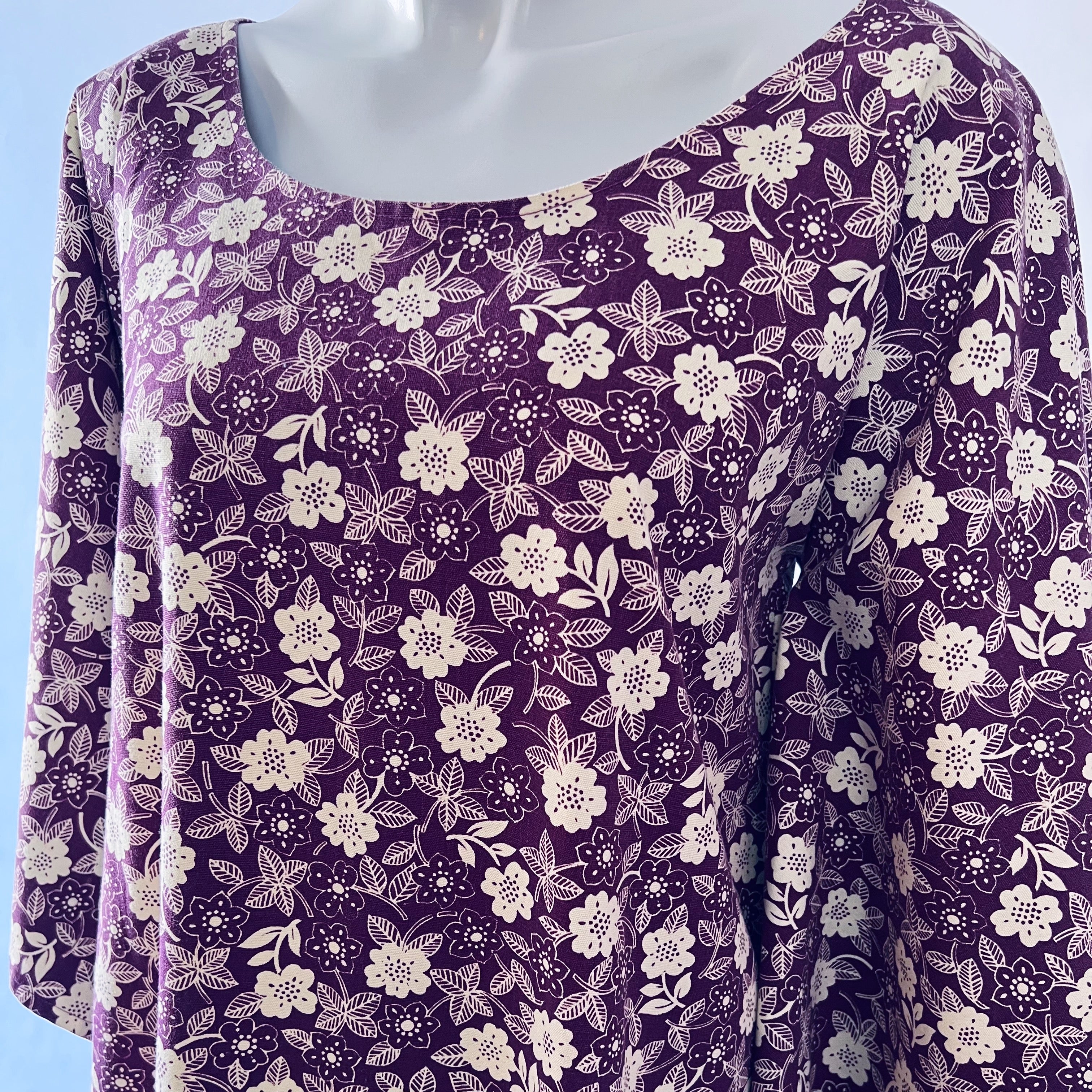 Purple & White Floral 60s/70s Angel Sleeve Dress — vintage 1960s dress in white, purple