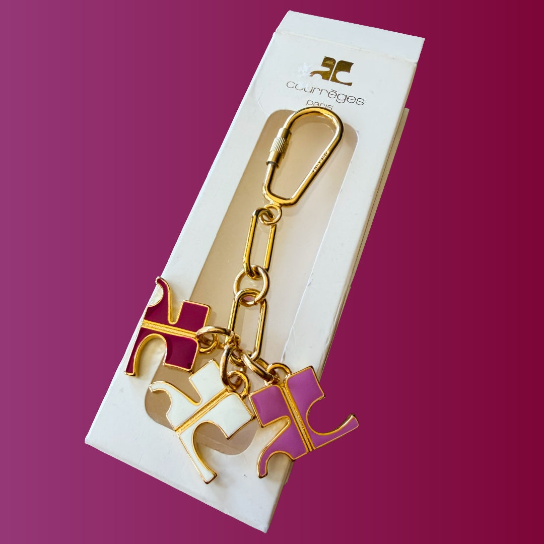Courrèges 1990s Gold and Pink Enamel Logo Charm Keychain — vintage 1990s Courrèges accessory in gold, pink, purple, white