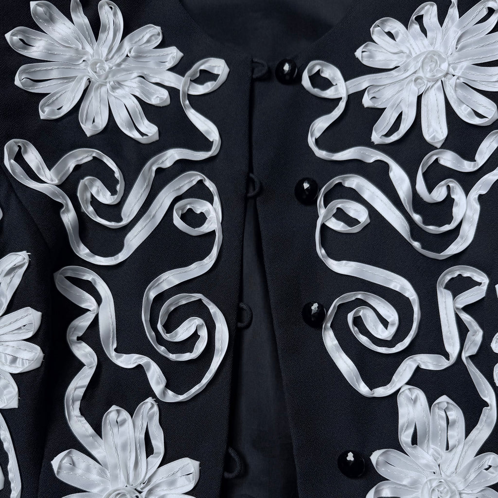 1980s Miss Elliette Black and White Ribbon Soutache Cropped Jacket — vintage 1980s Miss Elliette ~ California jacket in black, white