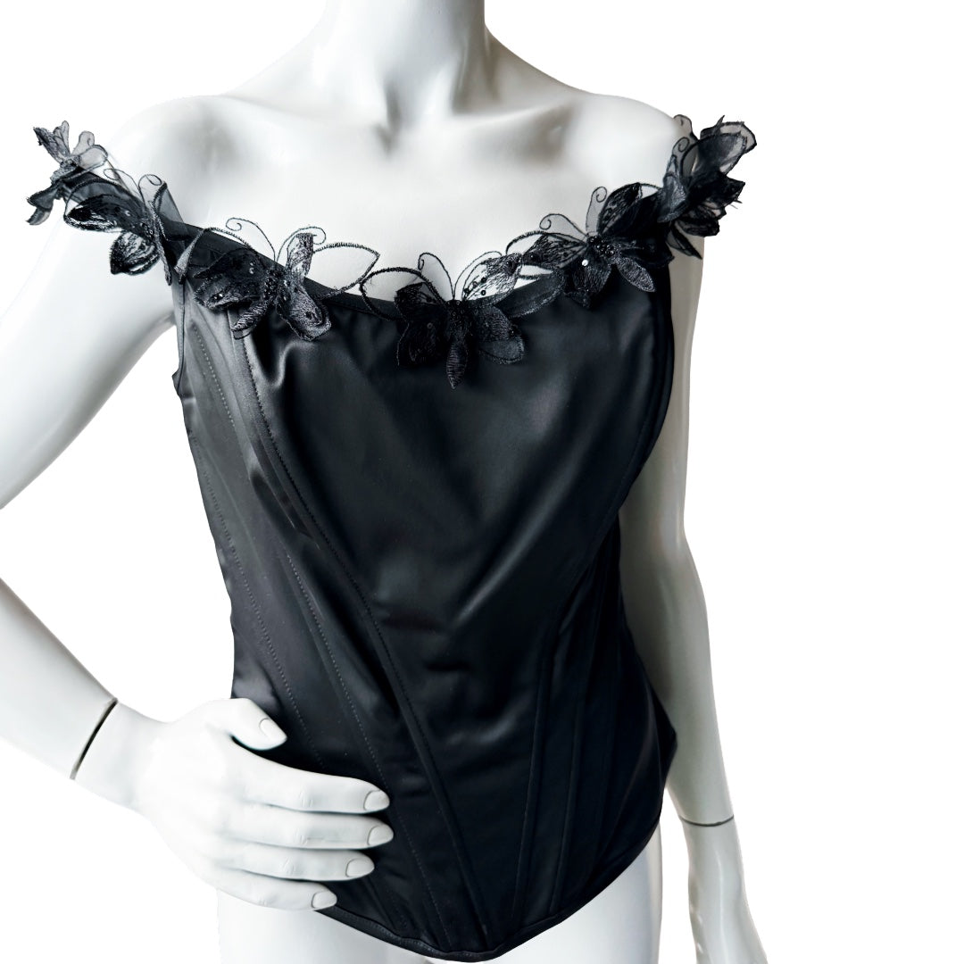 Nicole Bakti Black Satin Butterfly Appliqué Corset Top — vintage 2000s Nicole Bakti top in black