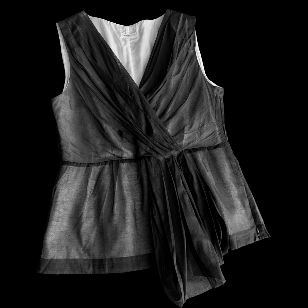 2000s Dries Van Noten Black Cotton-Linen Draped Sleeveless Top — vintage 2000s Dries Van Noten top in black