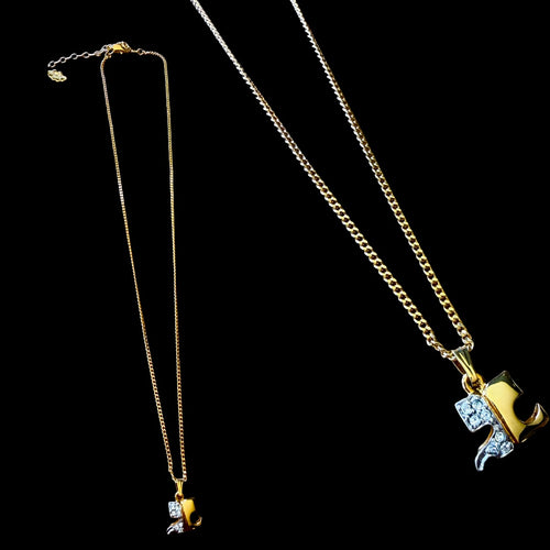 1990s Courrèges Gold and Silver Tone Rhinestone Charm Pendant Necklace — vintage 1990s Courrèges jewellery in gold, silver