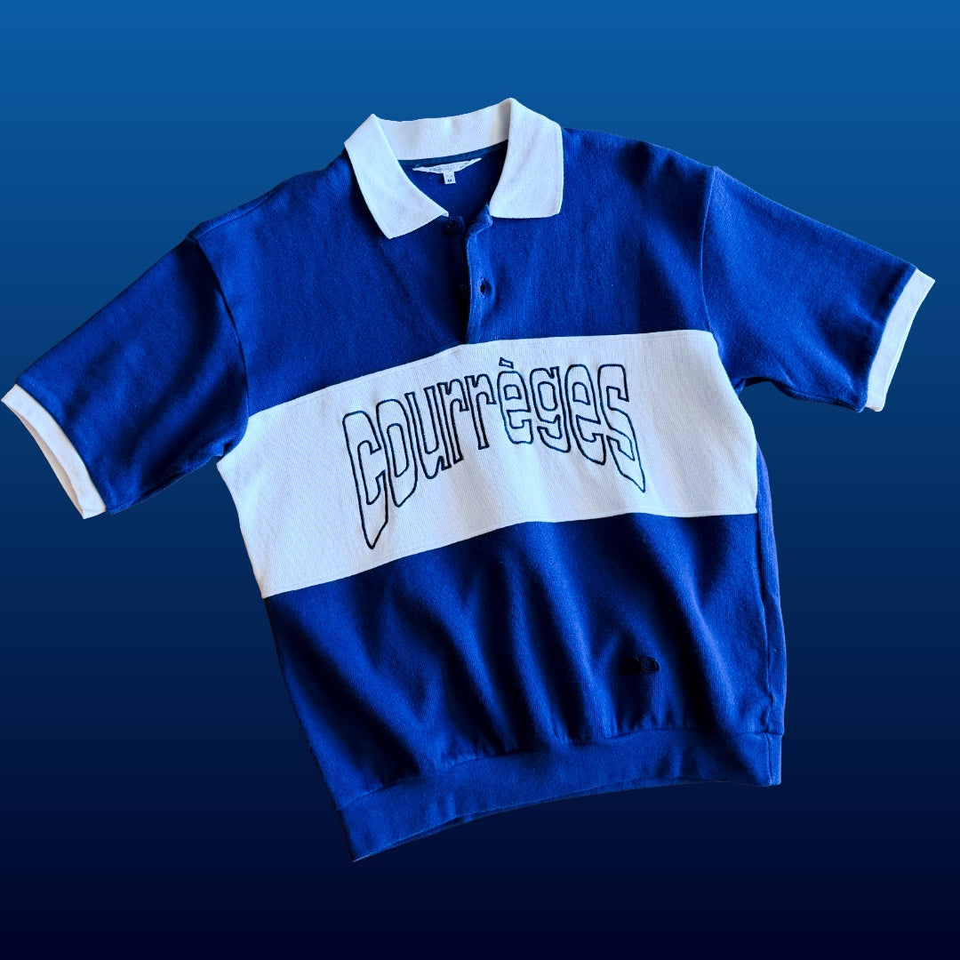 1980s Courrèges Sport Futur Blue and White Logo Polo Top — vintage 1980s Courrèges top in blue, white