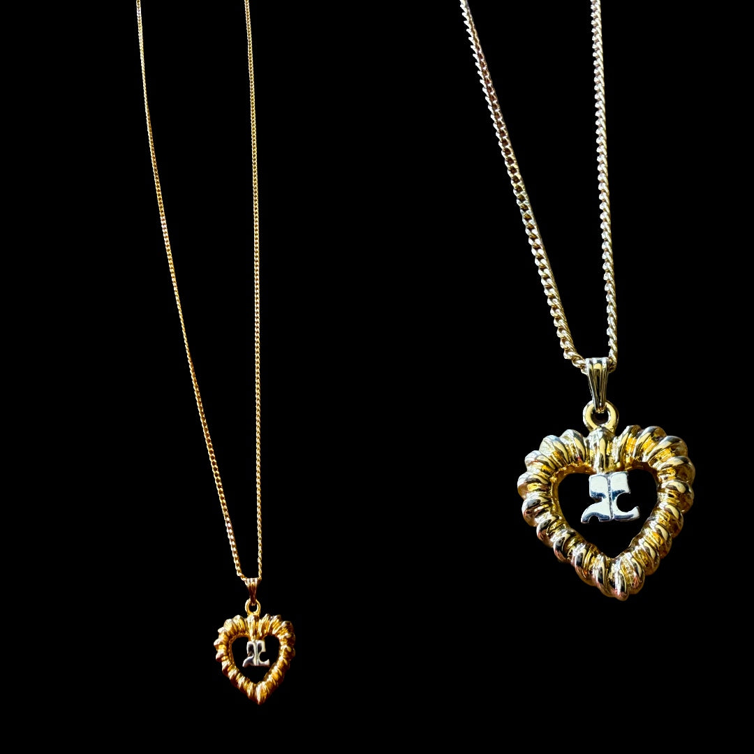 Courrèges Gold Tone Heart Logo Pendant Necklace — vintage 1990s Courrèges jewellery in gold, silver