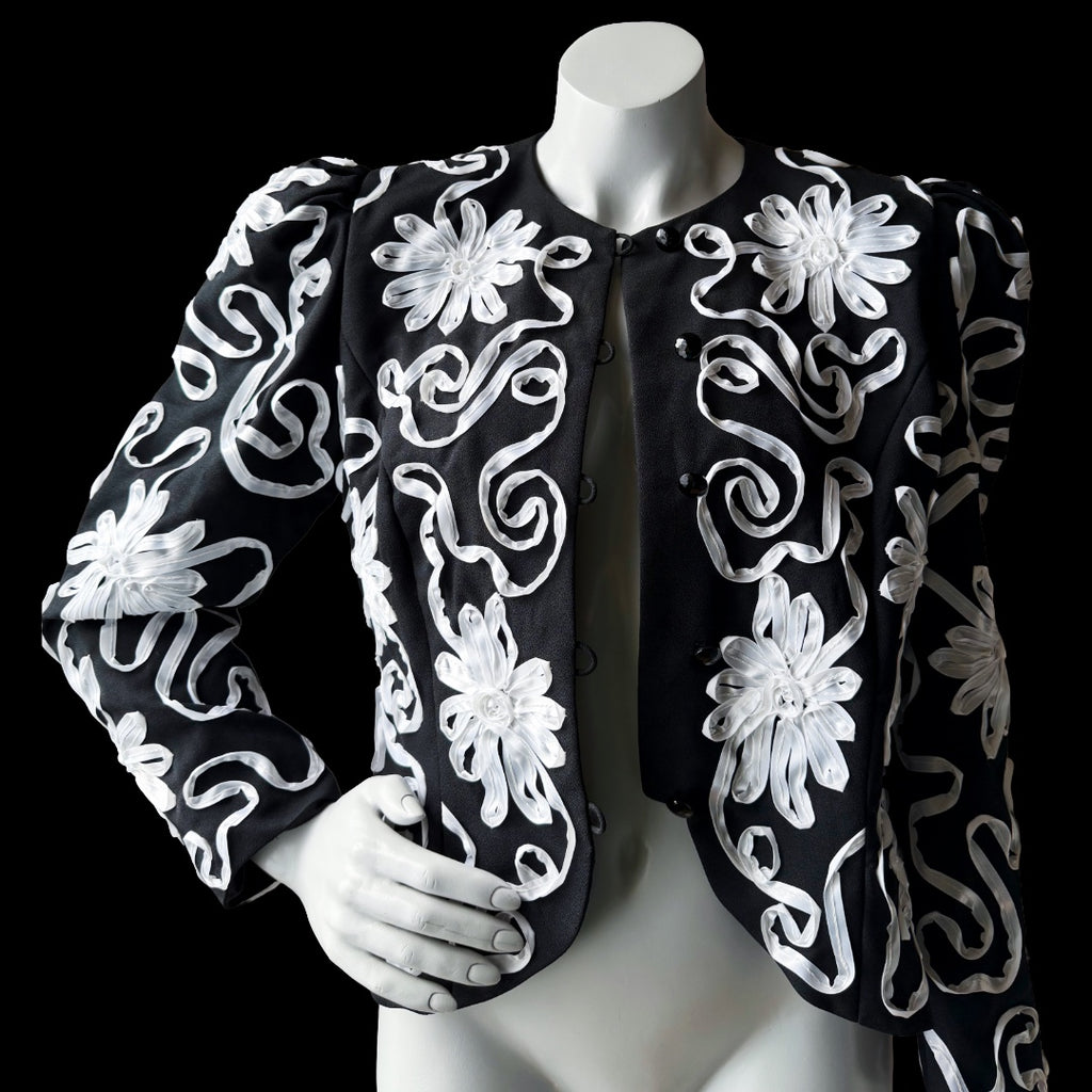 1980s Miss Elliette Black and White Ribbon Soutache Cropped Jacket — vintage 1980s Miss Elliette ~ California jacket in black, white