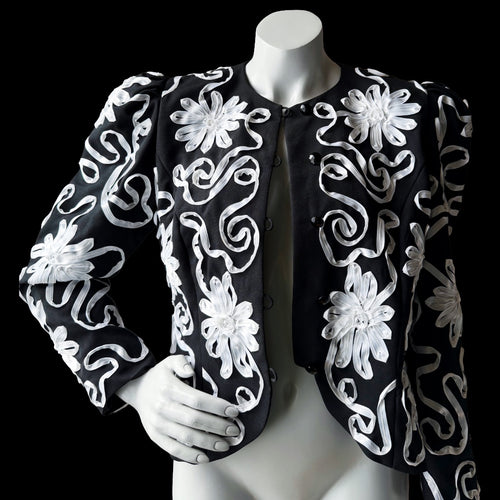 1980s Miss Elliette Black and White Ribbon Soutache Cropped Jacket — vintage 1980s Miss Elliette ~ California jacket in black, white