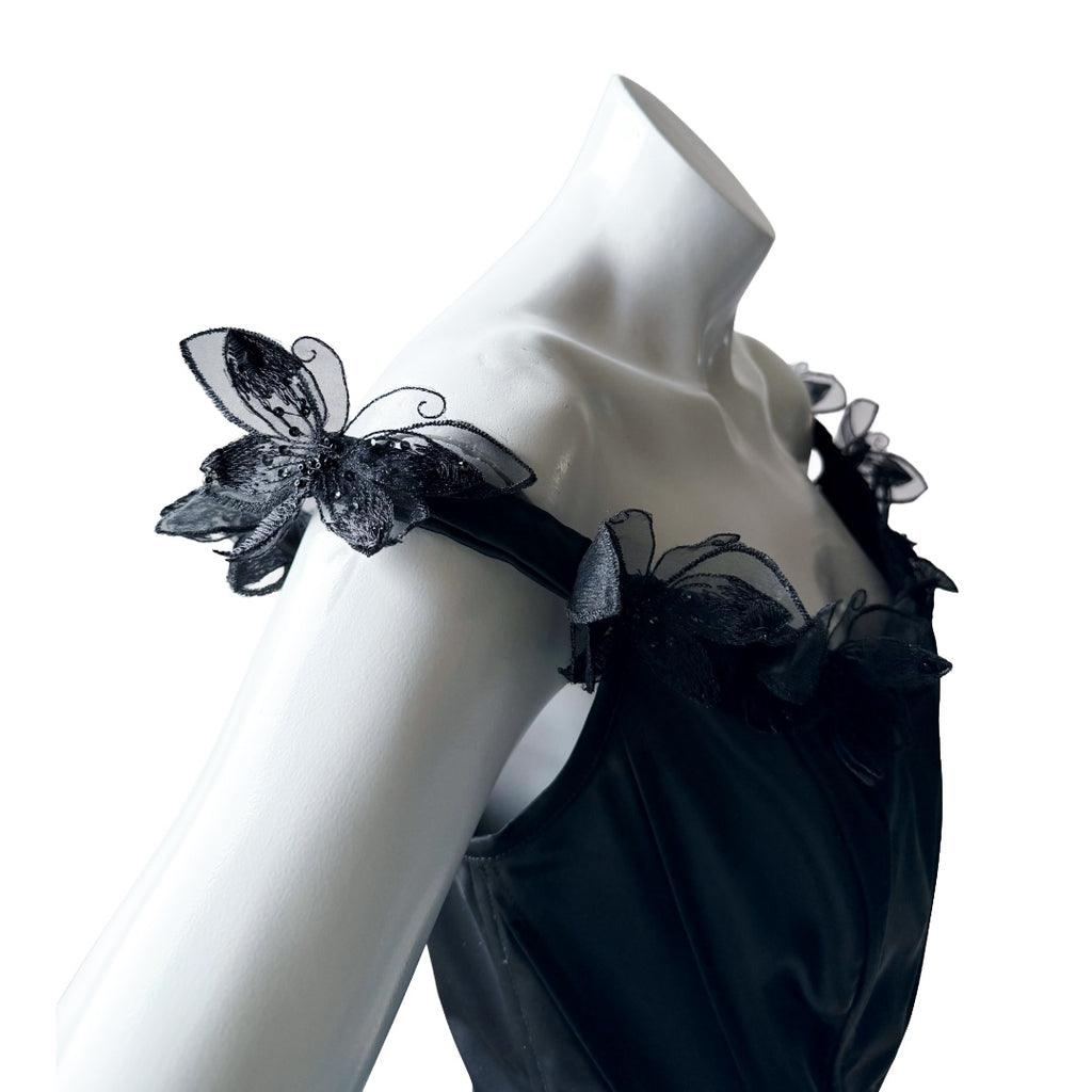 Nicole Bakti Black Satin Butterfly Appliqué Corset Top — vintage 2000s Nicole Bakti top in black