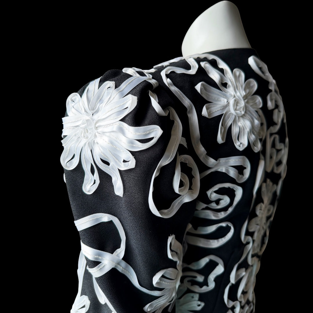 1980s Miss Elliette Black and White Ribbon Soutache Cropped Jacket — vintage 1980s Miss Elliette ~ California jacket in black, white