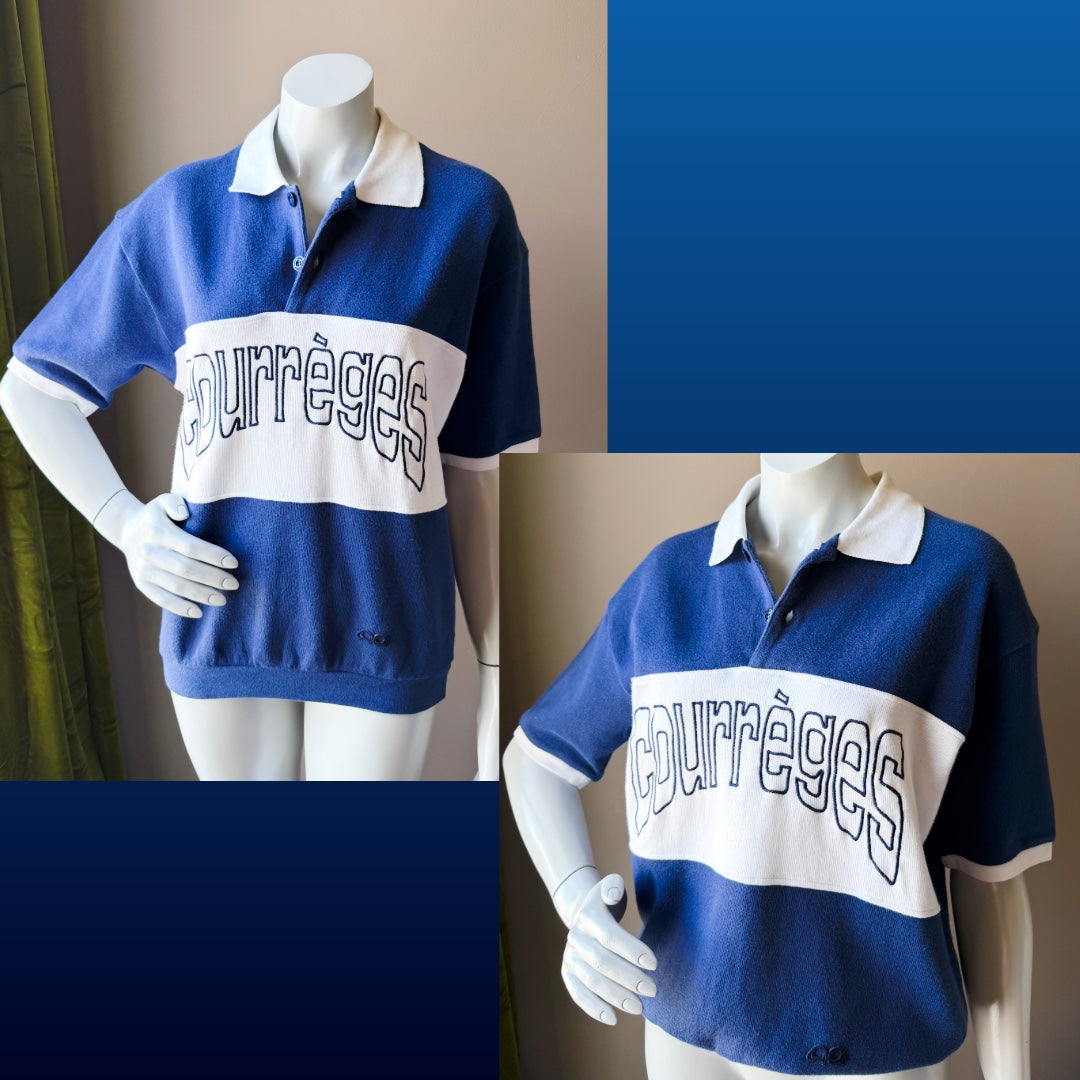 1980s Courrèges Sport Futur Blue and White Logo Polo Top — vintage 1980s Courrèges top in blue, white