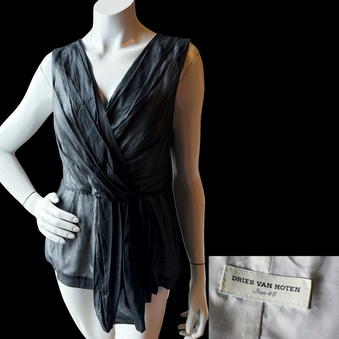 2000s Dries Van Noten Black Cotton-Linen Draped Sleeveless Top — vintage 2000s Dries Van Noten top in black