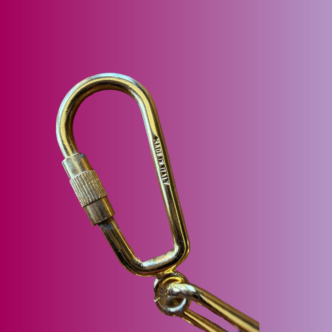 Courrèges 1990s Gold and Pink Enamel Logo Charm Keychain — vintage 1990s Courrèges accessory in gold, pink, purple, white