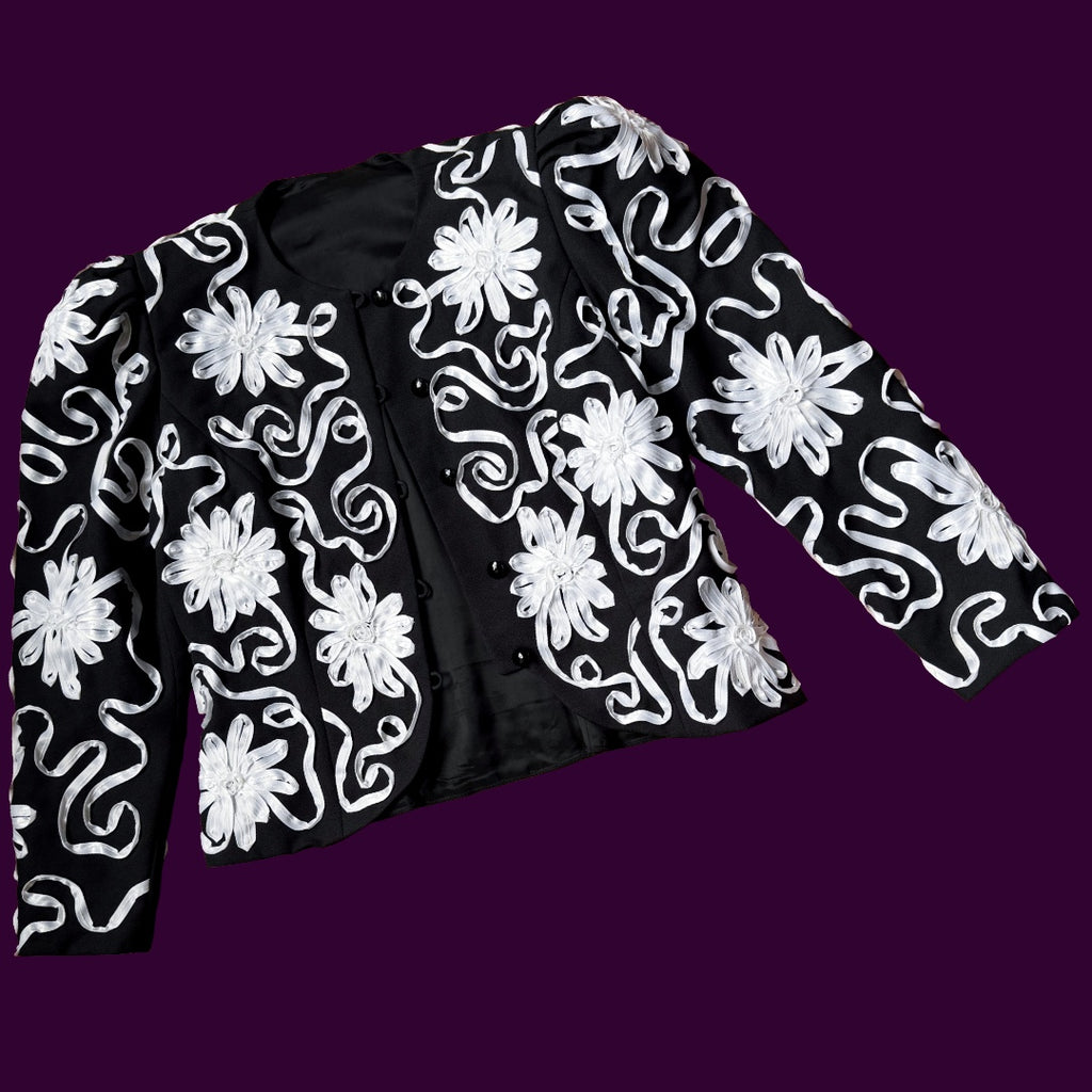 1980s Miss Elliette Black and White Ribbon Soutache Cropped Jacket — vintage 1980s Miss Elliette ~ California jacket in black, white
