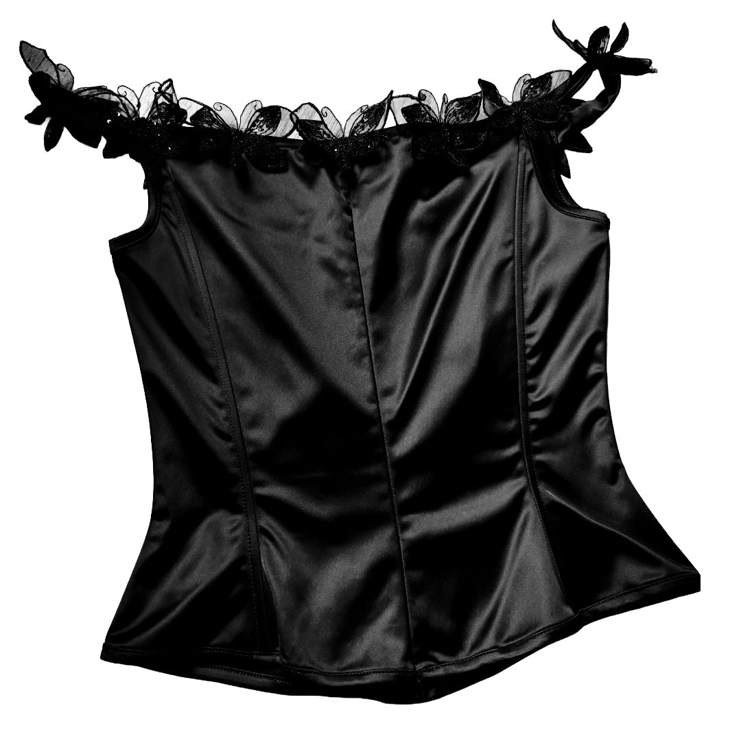 Nicole Bakti Black Satin Butterfly Appliqué Corset Top — vintage 2000s Nicole Bakti top in black